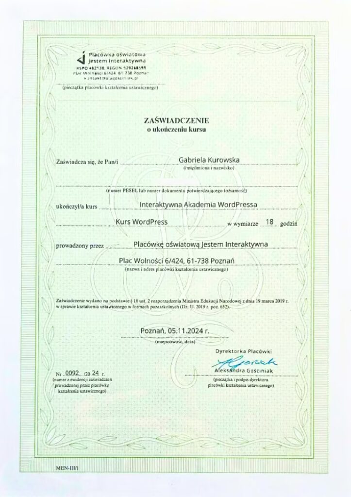 certyfikowany-specjalista-wordpress-woocommerce-gabriela-kurowska-krakow